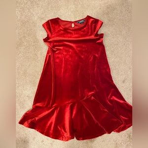 Girls, shirt-sleeved, red, jersey Land End dress with swingy knee length skirt